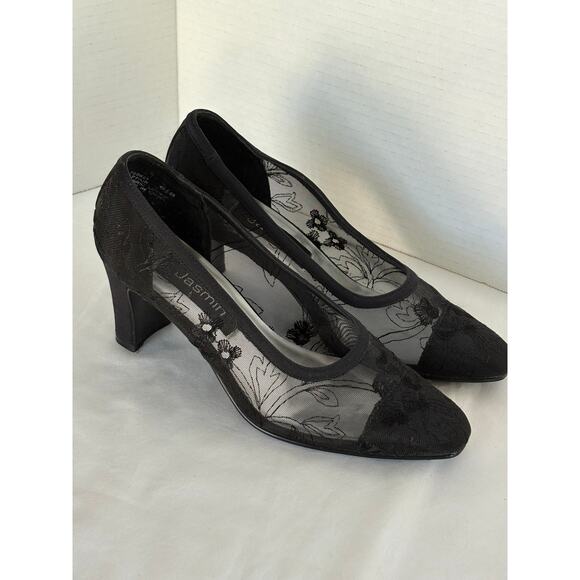 JASMIN Affair Black Sheer Fabric Pumps-Floral Embroidery-Designer look-Size 6.5 - Picture 1 of 5